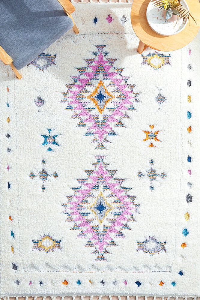 Layla White and Multi Colour Bohemian Rectangle Rug