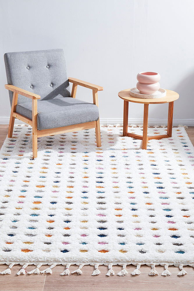 Polka White and Multi Colour Bohemian Rectangle Rug