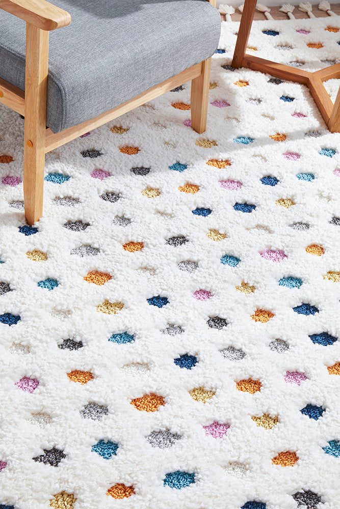 Polka White and Multi Colour Bohemian Rectangle Rug