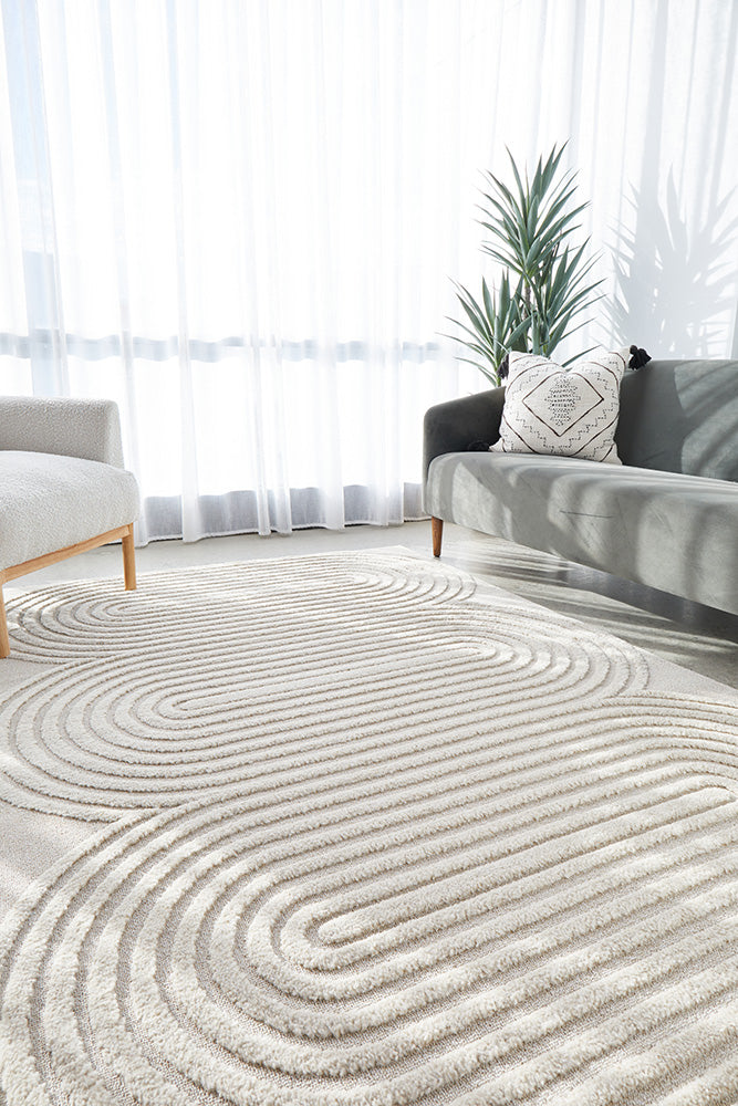 Lotus Carl Beige Modern Curved Oval Pattern Rectangle Rug