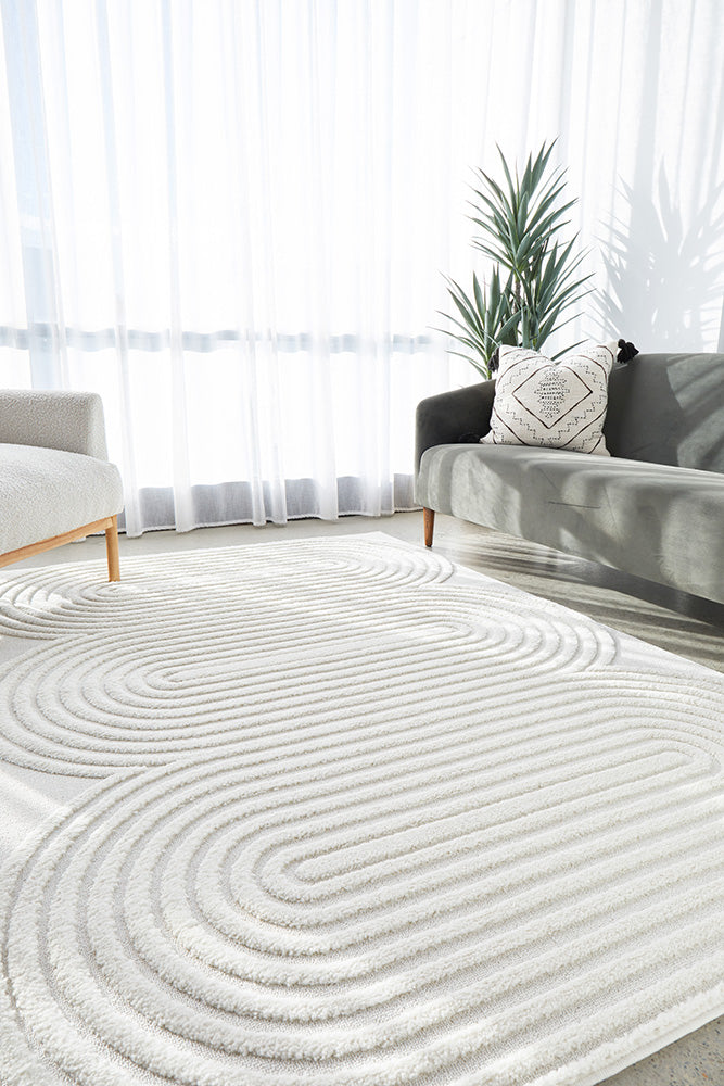 Lotus Carl White Modern Curved Oval Pattern Rectangle Rug