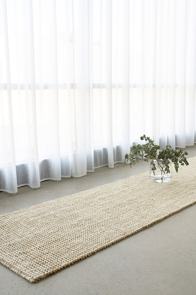 Marlo White and Natural Jute Modern Hand Loomed Pebble Pattern Hallway Runner Rug