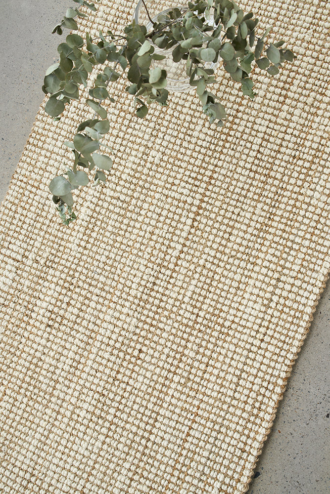 Marlo White and Natural Jute Modern Hand Loomed Pebble Pattern Hallway Runner Rug