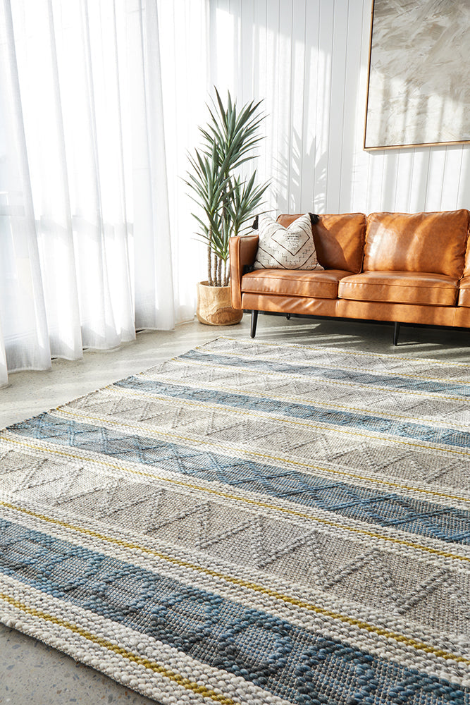 Miller Natural and Blue Modern Textured Wool Blend Rug