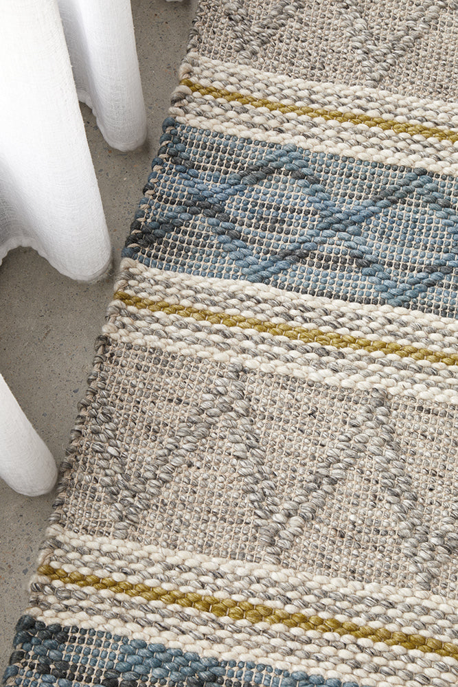 Miller Natural and Blue Modern Textured Wool Blend Rug