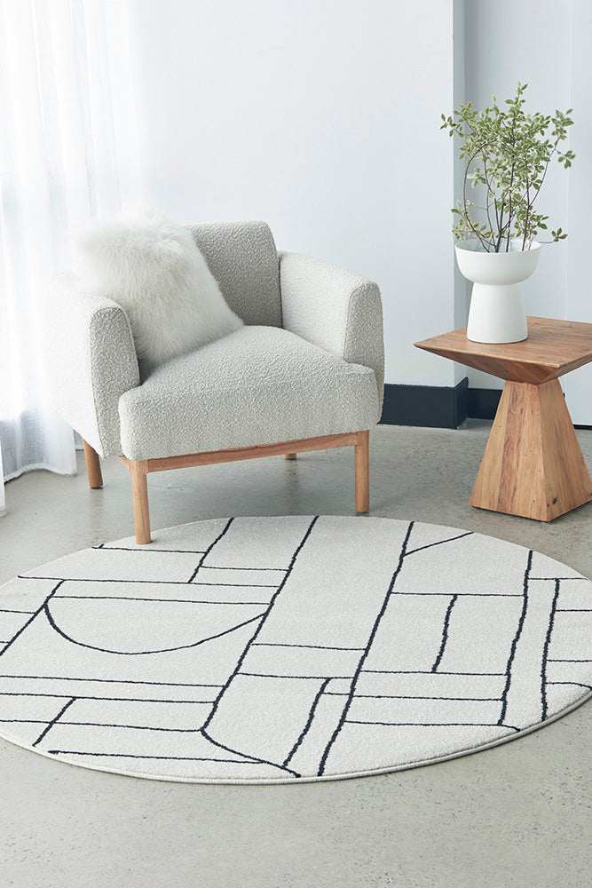 Fleur Paradise Cream & Black Lines Modern Round Rug