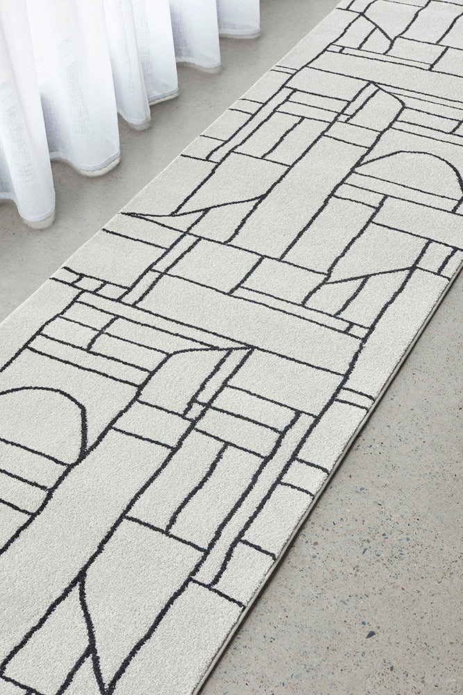 Fleur Paradise Cream & Black Lines Modern Hallway Runner Rug