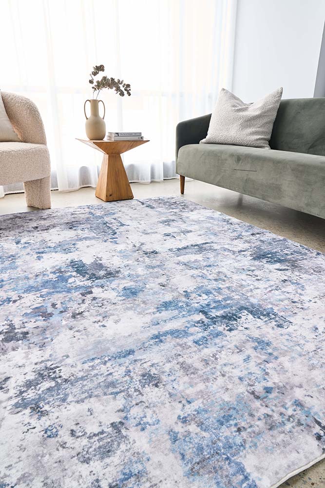 Cato Revive Blue &amp; White Modern Abstract Machine Washable Polyester Rug