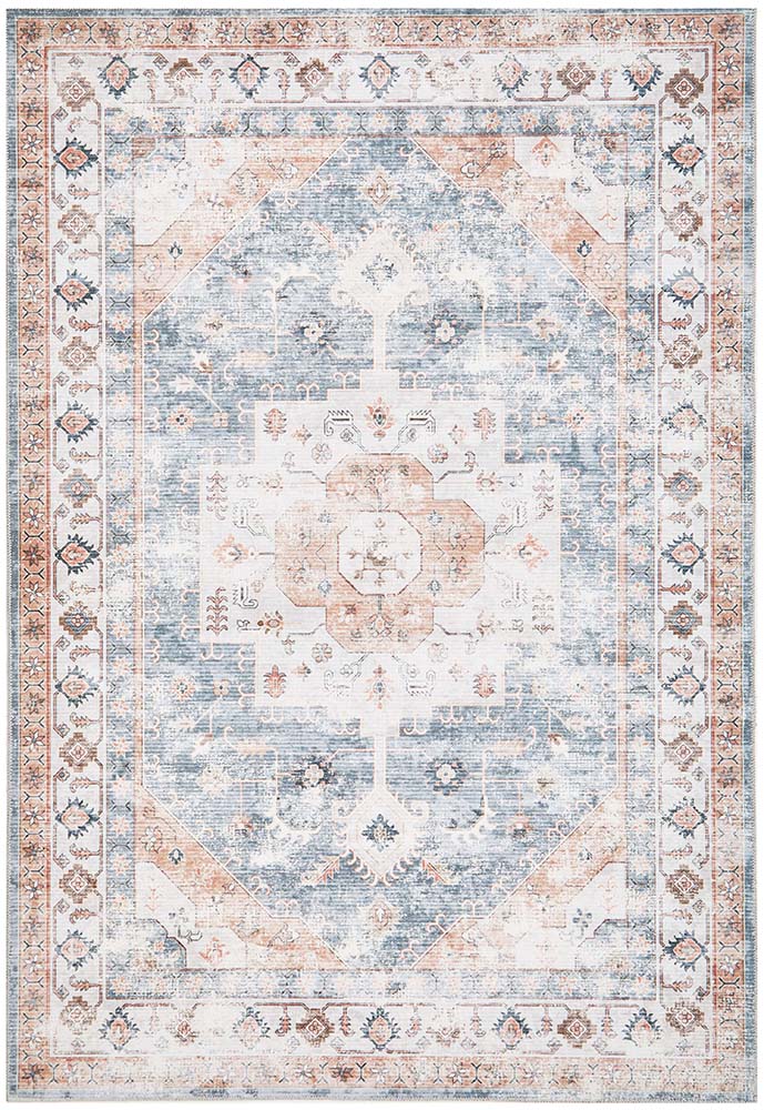 Dawn Revive Blue Putty Multi-Colour Transitional Machine Washable Polyster Rug