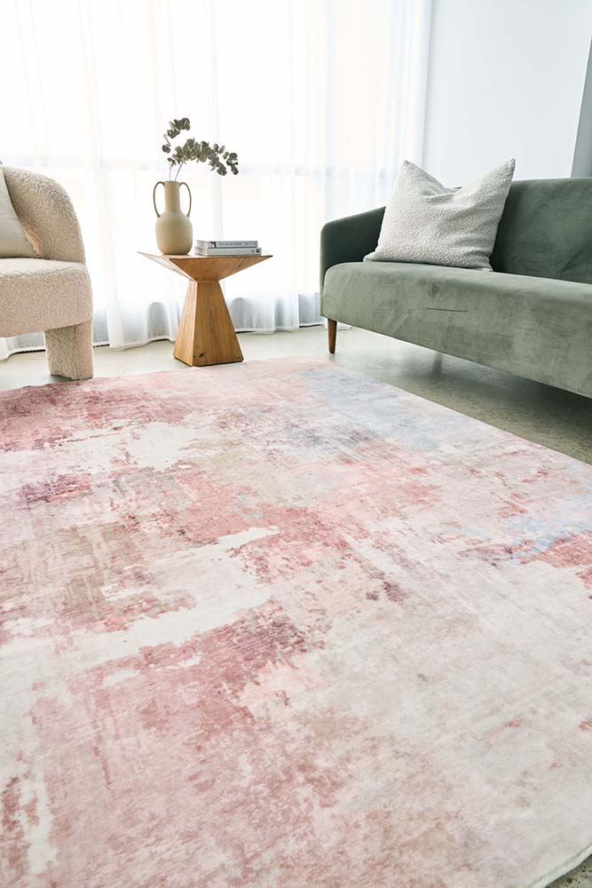 Roxy Revive Pastel Pink & White Modern Abstract Machine Washable Polyester Rug