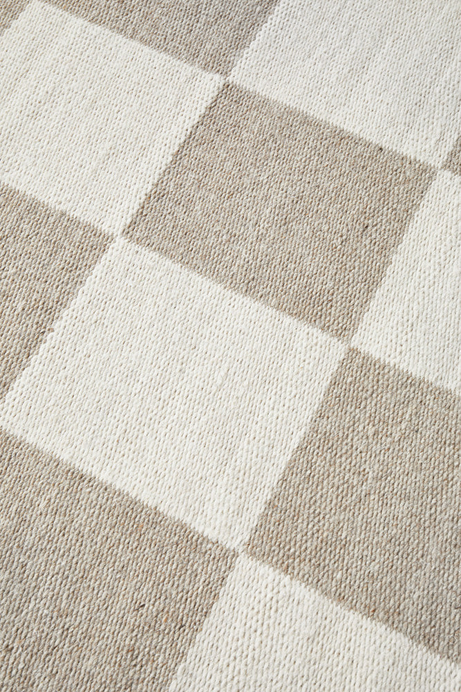 Oda Ivory and Natural Modern Geometric Checkered Pattern Rectangle Rug