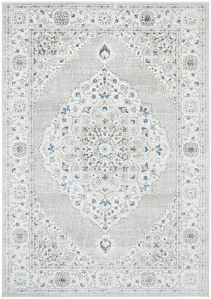 Emily Traditional Grey & Blue Floral Pattern Rug