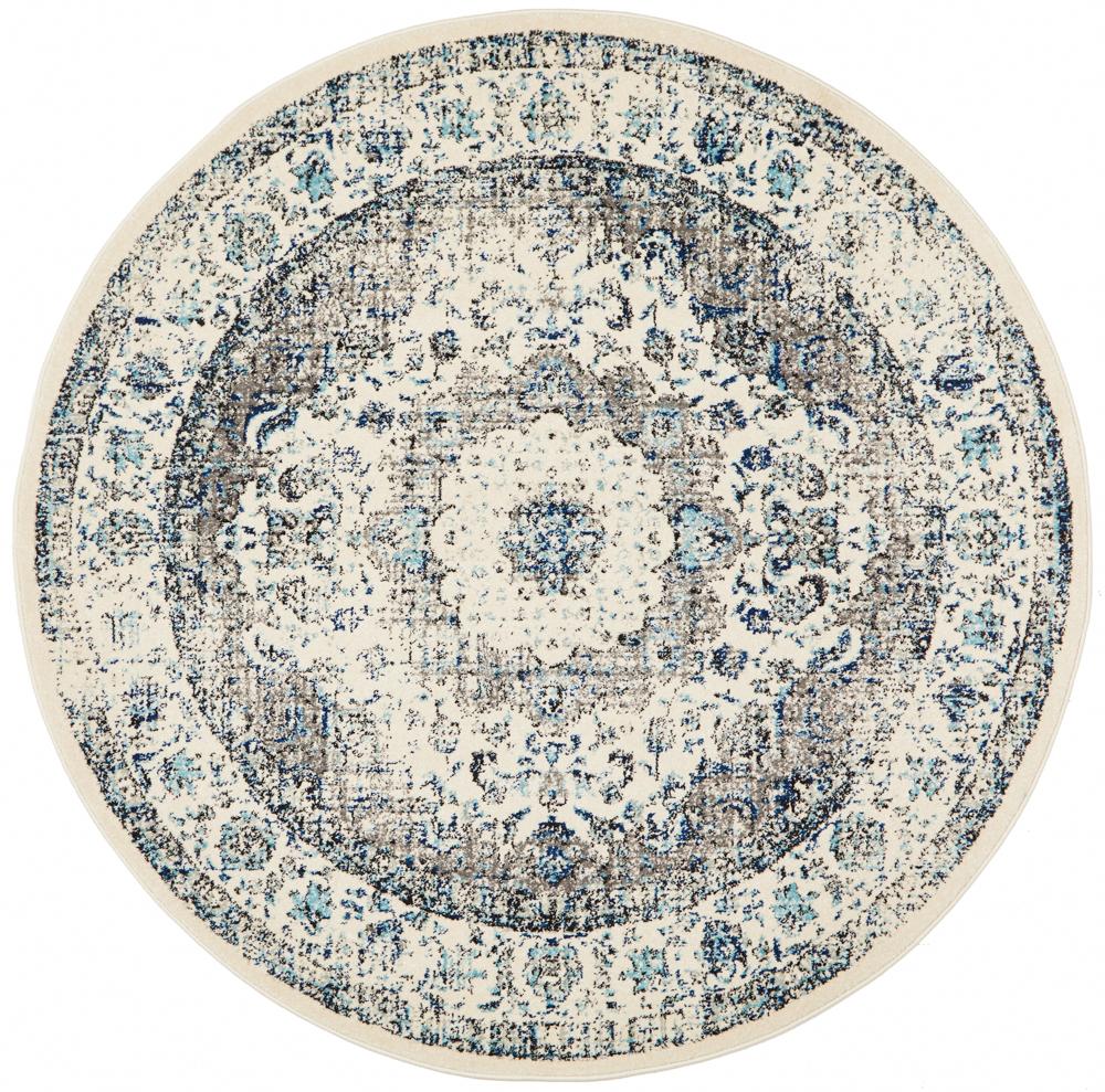 Isla Transitional White Grey & Blue Timeless Round Rug