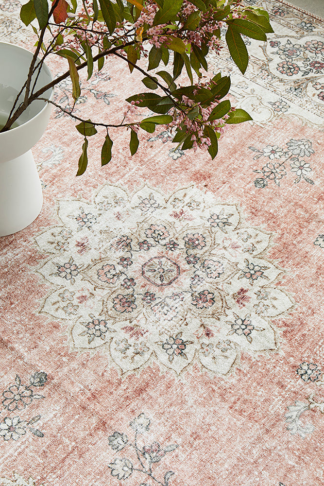 Coco Kindred Peachy Pink Modern Distressed Machine Washable Rug