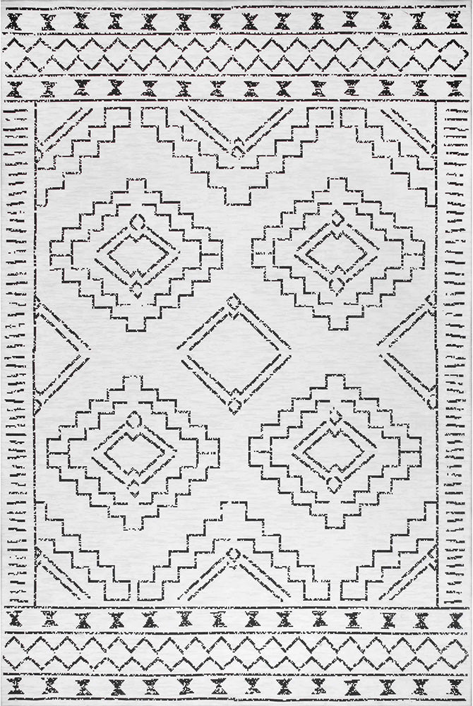 Leeroy Kindred White & Black Tribal Bohemian Machine Washable Rug