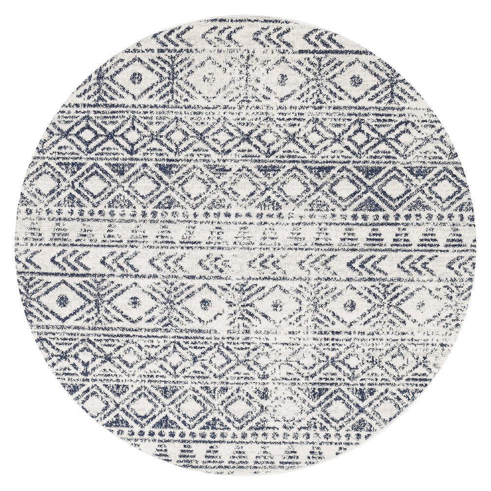 Jezebel Coastal White & Blue Rustic Round Rug