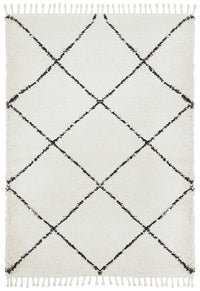 Thumbnail for Anisah Modern White & Black Diamond Pattern Fringed Rug