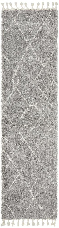 Thumbnail for Nahla Modern Fringed Steel Grey & White Tribal Rug 